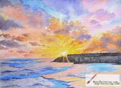 Watercolor painting-Original art poster-Sunset by the sea