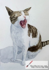 Watercolor painting-Original art poster-Yawning cat