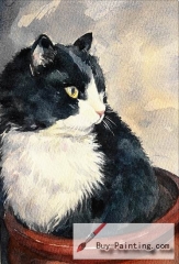 Watercolor painting-Original art poster-Cat hiding in a bowl