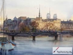 Watercolor painting-Original art poster-Bridge On the River