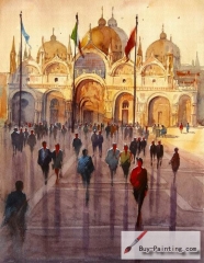 Watercolor painting-The people in front of the church