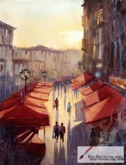Watercolor painting-Street under the sunset