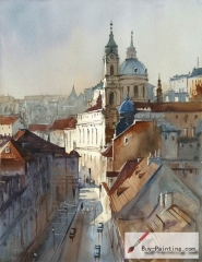 Watercolor painting-The building beside the street