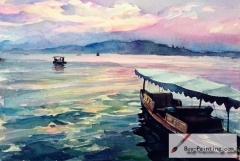 Watercolor painting-A boat in the river