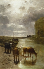This painting depicts cattle drinking on the banks of the Touques River in Normandy