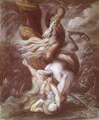 Horseman attacked by a giant snake, c. 1800